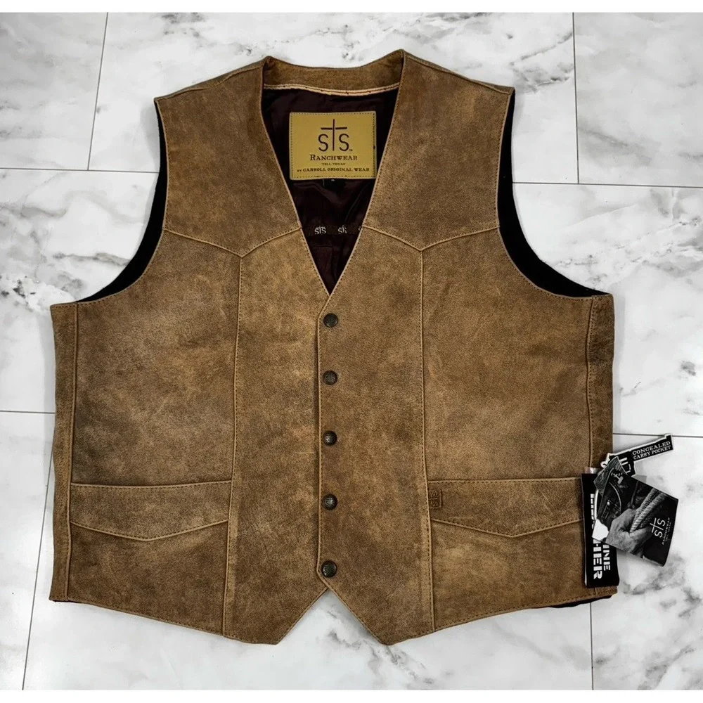 STS Ranchwear Men's Antique Leather Chisum Vest Sz XL Double Conceal Carry
